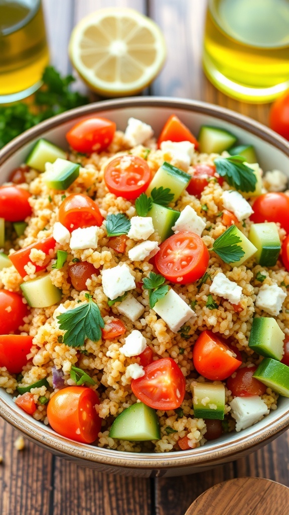A colorful Mediterranean quinoa salad with tomatoes, cucumbers, bell peppers, and feta cheese in a bowl on a rustic table.